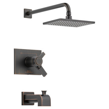 Click here to see Delta T17T453-RB-WE Delta Vero TempAssure 17T Series Two-Handle Tub/Shower Faucet with Single-Setting Rain Showerhead, 1.75 GPM, Lever Handle, Venetian Bronze - T17T453-RB-WE