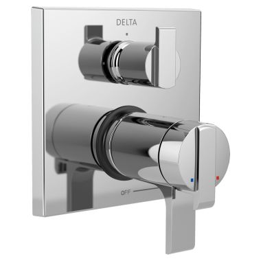 Click here to see Delta T27T867 Delta Angular Modern TempAssure 17T Series Two-Handle Valve Trim w/ 3-Function Diverter, Lever Handles, Polished Chrome - T27T867