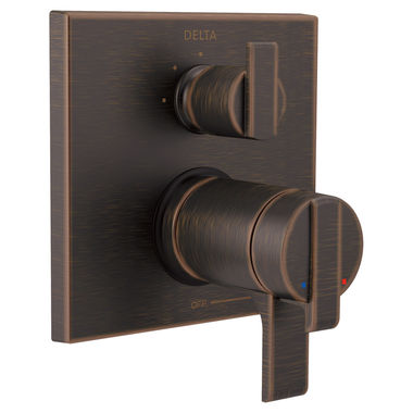 Click here to see Delta T27T867-RB Delta Angular Modern TempAssure 17T Series Two-Handle Valve Trim w/ 3-Function Diverter, Lever Handles, Venetian Bronze - T27T867-RB