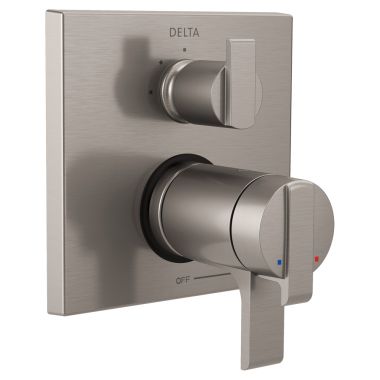 Click here to see Delta T27T867-SS Delta Angular Modern TempAssure 17T Series Two-Handle Valve Trim w/ 3-Function Diverter, Lever Handles, Stainless Steel - T27T867-SS