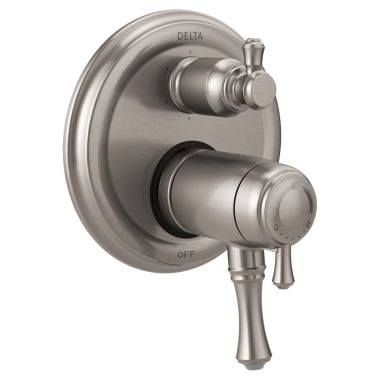 Click here to see Delta T27T997-SS Delta Traditional TempAssure 17T Series Two-Handle Valve Trim w/ 6-Function Diverter, Lever Handles, Stainless Steel - T27T997-SS