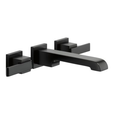 Click here to see Delta T3567LF-BLWL Delta Ara Angular Spout Wall-Mount Matte Black Lavatory Faucet Trim, Less Pop-Up, 1.2 GPM, Two-Handle, Less Rough-In - T3567LF-BLWL