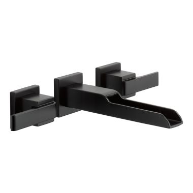 Click here to see Delta T3568LF-BLWL Delta Ara Channel Spout Wall-Mount Matte Black Lavatory Faucet Trim, Less Pop-Up, 1.2 GPM, Two-Handle, Less Rough-In - T3568LF-BLWL