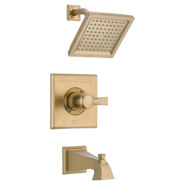 Click here to see Delta T14451-CZ-WE Delta Dryden Monitor 14 Series Single-Handle Tub/Shower Faucet with Single-Setting Rain Showerhead, 1.75 GPM, Lever Handle, Champagne Bronze - T14451-CZ-WE