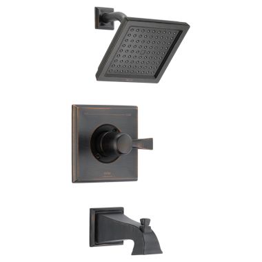 Click here to see Delta T14451-RB-WE Delta Dryden Monitor 14 Series Single-Handle Tub/Shower Faucet with Single-Setting Rain Showerhead, 1.75 GPM, Lever Handle, Venetian Bronze - T14451-RB-WE