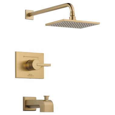 Click here to see Delta T14453-CZ-WE Delta Vero Monitor 14 Series Tub/Shower Faucet with Single-Setting Rain Showerhead, Single-Handle, 1.75 GPM, Lever Handle, Champagne Bronze - T14453-CZ-WE