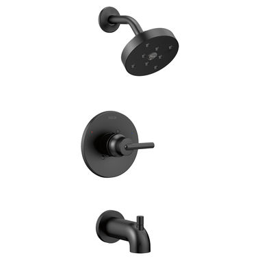 Click here to see Delta T14459-BL Delta Trinsic Monitor 14 Series H2Okinetic Tub/Shower Faucet with Rain Showerhead, Single-Handle, 1.75 GPM, Lever Handle, Matte Black - T14459-BL