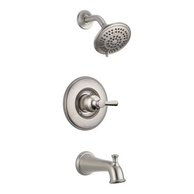Click here to see Delta T14493-SS Delta Linden Monitor 14 Series Traditional Single-Handle Tub/Shower Faucet with 5-Setting Rain Showerhead, 1.75 GPM, Lever Handle, Stainless - T14493-SS