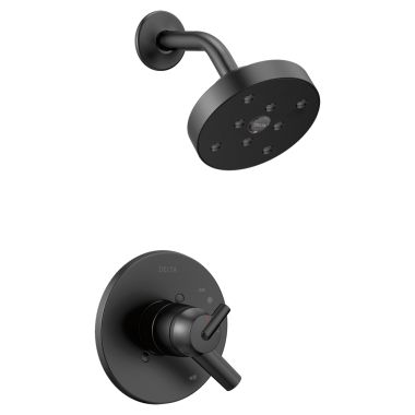 Click here to see Delta T17259-BL Delta Trinsic Monitor 17 Series Two-Handle H2Okinetic Raincan Shower Faucet with Volume Control, 1.75 GPM, Lever Handles, Matte Black - T17259-BL