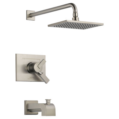 Click here to see Delta T17453-SS-WE Delta Vero Monitor 17 Series Two-Handle Tub/Shower Faucet with Volume Control, Single-Setting Rainshower, 1.75 GPM, Lever Handle, Stainless - T17453-SS-WE