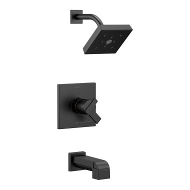 Click here to see Delta T17467-BL Delta Ara Monitor 17 Series Two-Handle Tub/Shower Faucet with H2Okinetic Rain Showerhead, 1.75 GPM, Lever Handles, Matte Black - T17467-BL