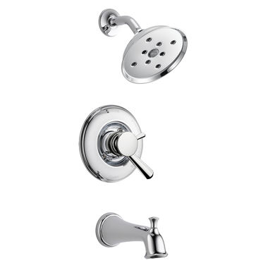 Click here to see Delta T17493 Delta Linden Monitor 17 Series Traditional H2Okinetic Tub/Shower Faucet with Rain Showerhead, Two-Handle, 1.75 GPM, Lever Handles, Chrome - T17493