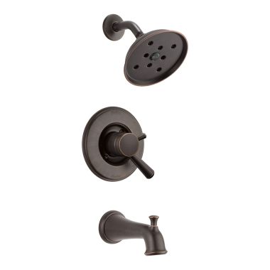 Click here to see Delta T17493-RB Delta Linden Monitor 17 Series Traditional H2Okinetic Tub/Shower Faucet with Rain Showerhead, Two-Handle, 1.75 GPM, Lever Handles, Venetian Bronze - T17493-RB