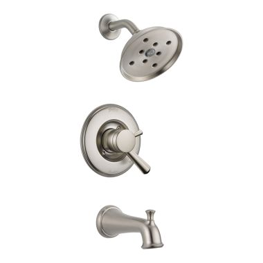 Click here to see Delta T17493-SS Delta Linden Monitor 17 Series Traditional H2Okinetic Tub/Shower Faucet with Rain Showerhead, Two-Handle, 1.75 GPM, Lever Handles, Stainless - T17493-SS