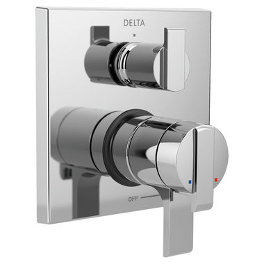 Click here to see Delta T27867 Delta Angular Modern Monitor 17 Series Two-Handle Valve Trim w/ 3-Function Diverter, Lever Handles, Polished Chrome - T27867