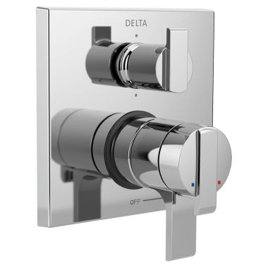 Click here to see Delta T27967 Delta Angular Modern Monitor 17 Series Two-Handle Valve Trim w/ 6-Function Diverter, Lever Handles, Polished Chrome - T27967