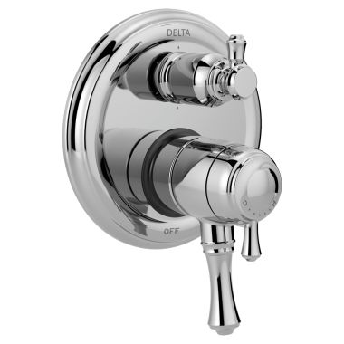Click here to see Delta T27997 Delta Traditional Monitor 17 Series Two-Handle Valve Trim w/ 6-Function Diverter, Lever Handles, Polished Chrome - T27997