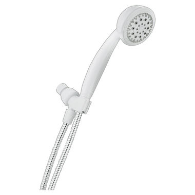 Click here to see Peerless 76516WH Peerless 2.0 GPM 5-Spray Setting Hand Shower, WaterSense, Touch-Clean Spray Nozzles, 10in-Length, 3-5/8in-Diameter, White - 76516WH