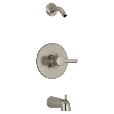 Click here to see Peerless PTT188792-BNLHD Peerless Precept Round Single-Handle Pressure Balance Tub and Shower Faucet with Diverting Tub Spout, Less Shower Head, Brushed Nickel - PTT188792-BNLHD