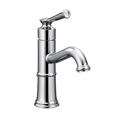 Click here to see Moen 6402 Moen Belfield Single-Handle High Arc Chrome Bathroom Faucet with Deckplate and Metal Pop-Up, 1.2 GPM, ADA Lever Handle, Single-Hole - 6402