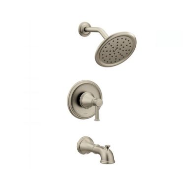 Click here to see Moen T2313BN Moen Belfield Posi-Temp Tub/Shower Faucet with 2.5 Rainshower, 1-Function, Single Lever Handle, M-PACT, Immersion, Brushed Nickel - T2313BN