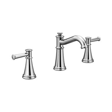 Click here to see Moen T6405 Moen Belfield Two-Handle High Arc Chrome Widespread Bathroom Sink Faucet, M-PACT, 1.2 GPM, ADA Lever Handle, WaterSense, Three-Hole - T6405