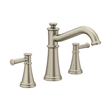Click here to see Moen T9023BN Moen Belfield Two-Handle Roman Tub Faucet, Three-Hole, Widespread, 10in Center, Metal Lever Handles, Brushed Nickel - T9023BN