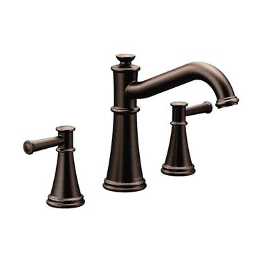 Click here to see Moen T9023ORB Moen Belfield Two-Handle Roman Tub Faucet, Three-Hole, Widespread, 10in Center, Metal Lever Handles, Oil Rubbed Bronze - T9023ORB