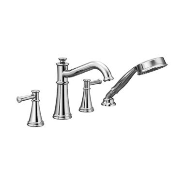 Click here to see Moen T9024 Moen Belfield Two-Handle Diverter Roman Tub Faucet with 1.75 GPM Single-Function Hand Shower, Metal Lever Handles, Polished Chrome - T9024