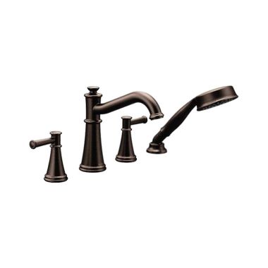 Click here to see Moen T9024ORB Moen Belfield Two-Handle Diverter Roman Tub Faucet with 1.75 GPM Single-Function Hand Shower, Metal Lever Handles, Oil Rubbed Bronze - T9024ORB