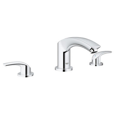 Click here to see Grohe 25168002 Grohe Eurosmart Two-Handle Roman Tub Faucet, Three-Hole, Metal Lever Handles, SilkMove Ceramic Cartridge, Starlight Polished Chrome - 25168002