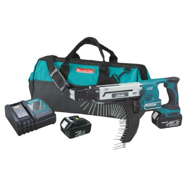 Click here to see Makita XRF01 Makita 18V LXT Lithium-Ion Cordless Autofeed Screwdriver Kit with 2-Pack 3.0Ah Battery, Charger, and Tool Bag - XRF01