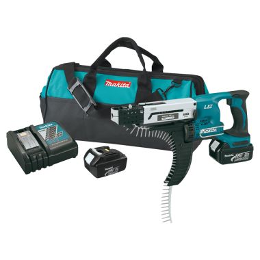 Click here to see Makita XRF02 Makita 18V LXT Lithium-Ion Cordless Autofeed Screwdriver Kit with 2-Pack 3.0Ah Battery, Charger, and Tool Bag - XRF02