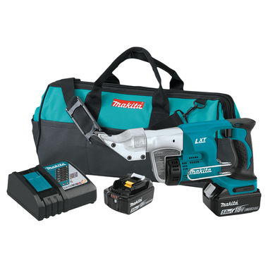 Click here to see Makita XSJ01T Makita 18V LXT Lithium-Ion 18-Gauge Cordless Straight Shear Kit with 2-Pack 5.0Ah Battery, Charger, and Tool Bag - XSJ01T