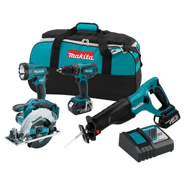 Click here to see Makita XT406 Makita 18V LXT Lithium-Ion Cordless Reciprocating Saw, Hammer Driver-Drill, Circular Saw, and Flashlight Combo Kit (3.0Ah) - XT406