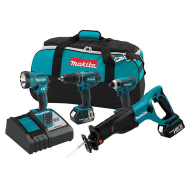 Click here to see Makita XT407 Makita 18V LXT Lithium-Ion Cordless Impact Driver, Hammer Driver-Drill, Reciprocating Saw, and Flashlight Combo Kit (3.0Ah) - XT407