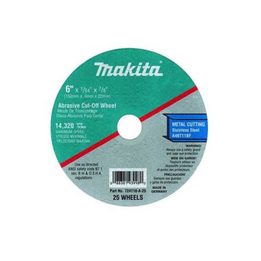 Click here to see Makita 724112-A-25 Makita 25-Pack 4-1/2in x 7/8in x 3/64in Stainless Cut-Off Wheel - 724112-A-25