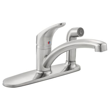 Click here to see American Standard 7074.030.075 American Standard Colony Pro Single-Handle Kitchen Faucet w/ Spray on Deck Plate, Stainless Steel - 7074.030.075