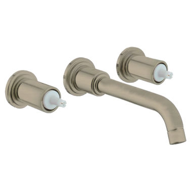 Click here to see Grohe 20173ENA Grohe Atrio Two-Handle Wall-Mount Widespread Brushed Nickel Bathroom Faucet, 1.2 GPM, WaterSense, Three-Holes, Less Handle - 20173ENA