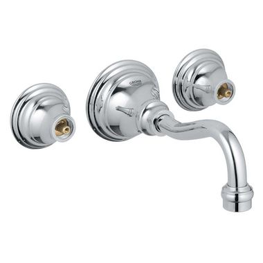 Click here to see Grohe 2013500A Grohe Bridgeford Two-Handle Wall-Mount Widespread StarLight Chrome Bathroom Faucet, 1.2 GPM, WaterSense, Three-Holes, Less Handles - 2013500A