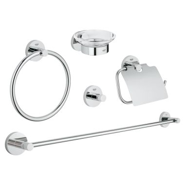 Click here to see Grohe 40344001 Grohe Essentials 5-in-1 Accessory Set w/Glass Soap Dish and 24