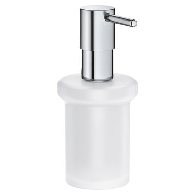 Click here to see Grohe 40394001 Grohe Essentials Wall Mount Soap Dispenser, Round, Glass/Metal, Less Holder, StarLight Chrome - 40394001