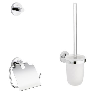 Click here to see Grohe 40407001 Grohe Essentials 3-in-1 Accessory Set w/ Toilet Brush and Robe Hook, Toilet Paper Holder w/ Guard, StarLight Chrome - 40407001