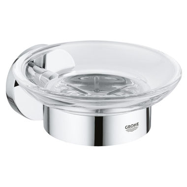 Click here to see Grohe 40444001 GROHE Essentials Round Glass Soap Dish with Metal Holder, Starlight Chrome - 40444001