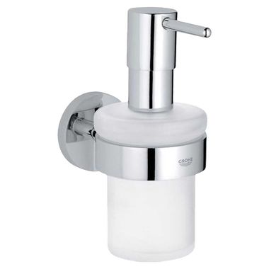 Click here to see Grohe 40448001 GROHE Essentials Round Wall-Mount Soap Dispenser and Holder, Glass/Metal, Starlight Chrome - 40448001