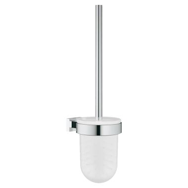 Click here to see Grohe 40513001 GROHE Essentials Cube Round Toilet Brush with Wall Mount Holder, Long-Life Finish, StarLight Chrome - 40513001