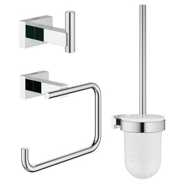 Click here to see Grohe 40757001 Grohe Essentials Cube 3-in-1 Accessory Set w/ Toilet Brush and Half-Open Toilet Paper Holder, Starlight Chrome - 40757001