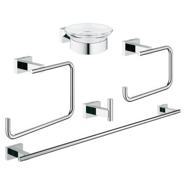 Click here to see Grohe 40758001 Grohe Essentials Cube 5-in-1 Accessory Set w/ Half-Open Toilet Paper Holder and Towel Ring, 24