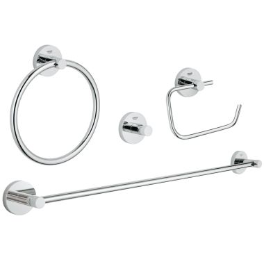Click here to see Grohe 40823001 Grohe Essentials 4-in-1 Accessory Set w/ Towel Ring and Half-Open Toilet Paper Holder, 24