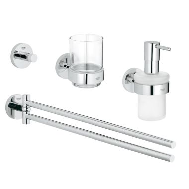 Click here to see Grohe 40846001 Grohe Essentials 4-in-1 Accessory Set w/ Glass and Soap Dispenser, 18